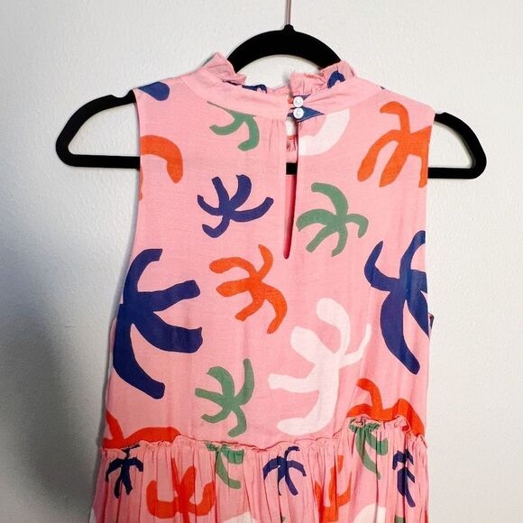 Oliphant Pink Tiered Abstract Print Sun Dress Size XS Cotton Silk - Picture 4 of 7